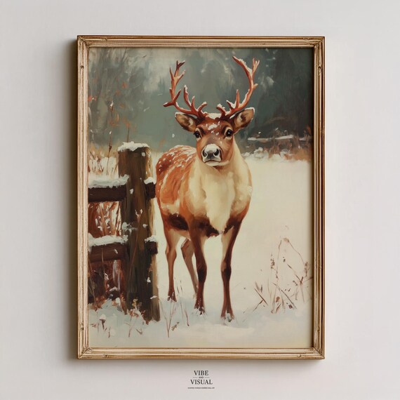 Calm Reindeer In Snowy Winter Meadow Pastel Painting Art Poster