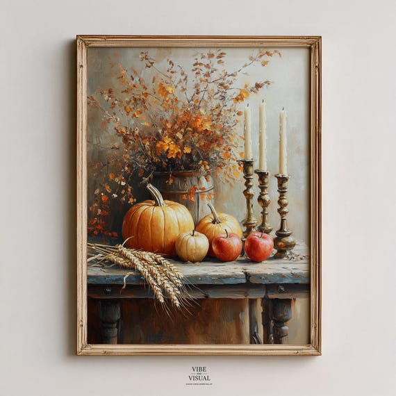 Rustic Autumn Harvest Still Life Pumpkins Apples Wheat Candle Poster