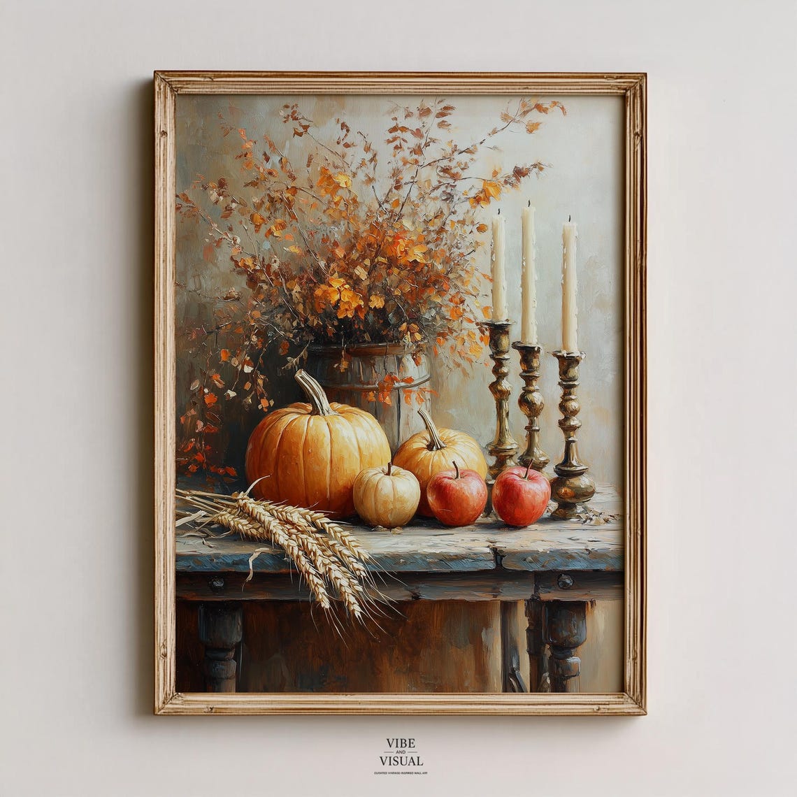 Rustic Autumn Harvest Still Life Pumpkins Apples Wheat Candle Poster
