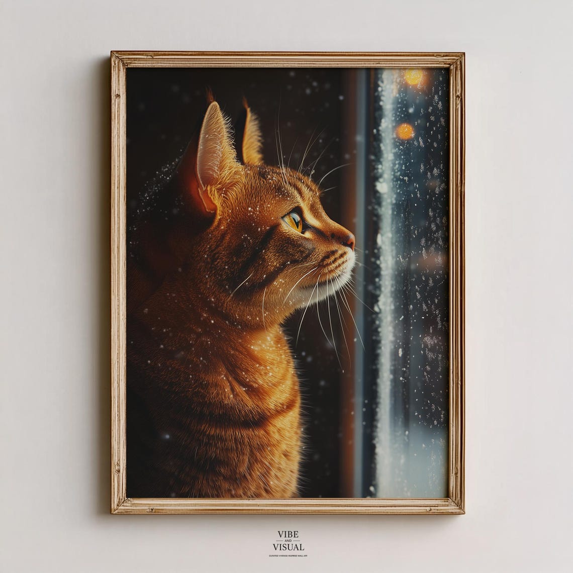 Bengal Cat Gazing Out Snowy Window Moody Winter Portrait Art Poster