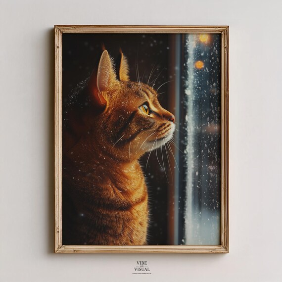 Realistic Bengal Cat Art Cozy Moody Winter Scene Vintageinspired Painting Wall Decor Warm Rustic Homey 62