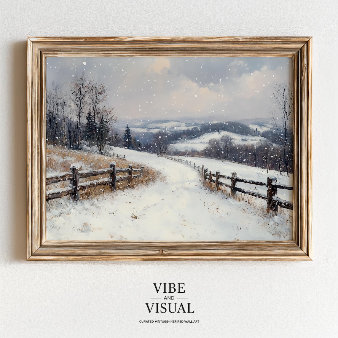 Snowy Country Lane Winter Landscape Vintage Farmhouse Poster