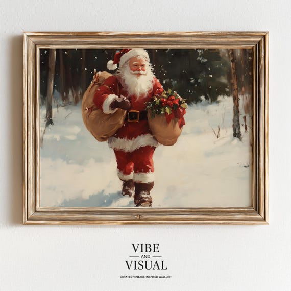 Classic Santa In Snowy Forest Vintage Christmas Illustration Festive Holiday Cozy Winter Scene Wall Art 277