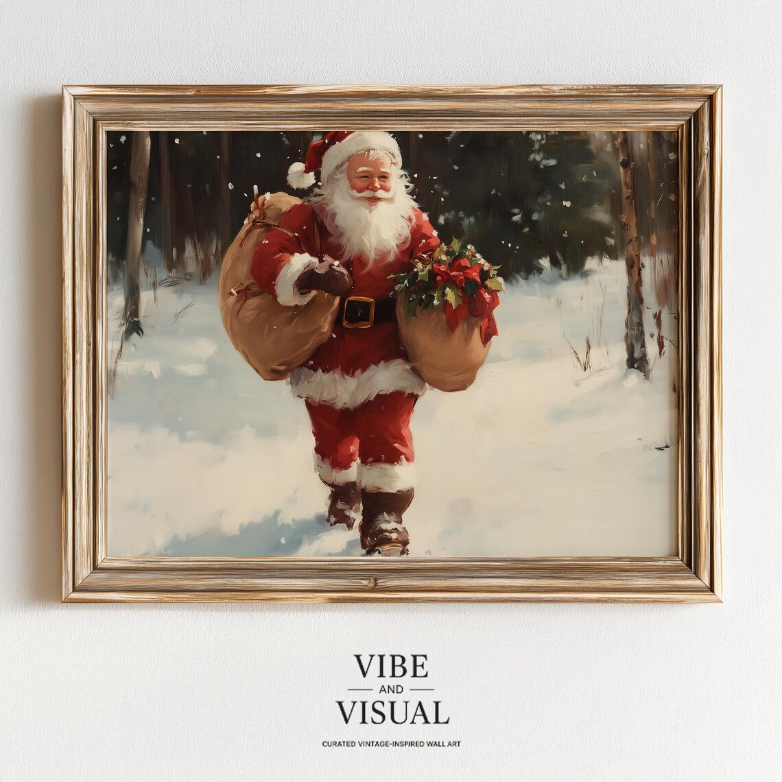 Vintage Santa Claus Carrying Gifts Snowy Forest Christmas Poster