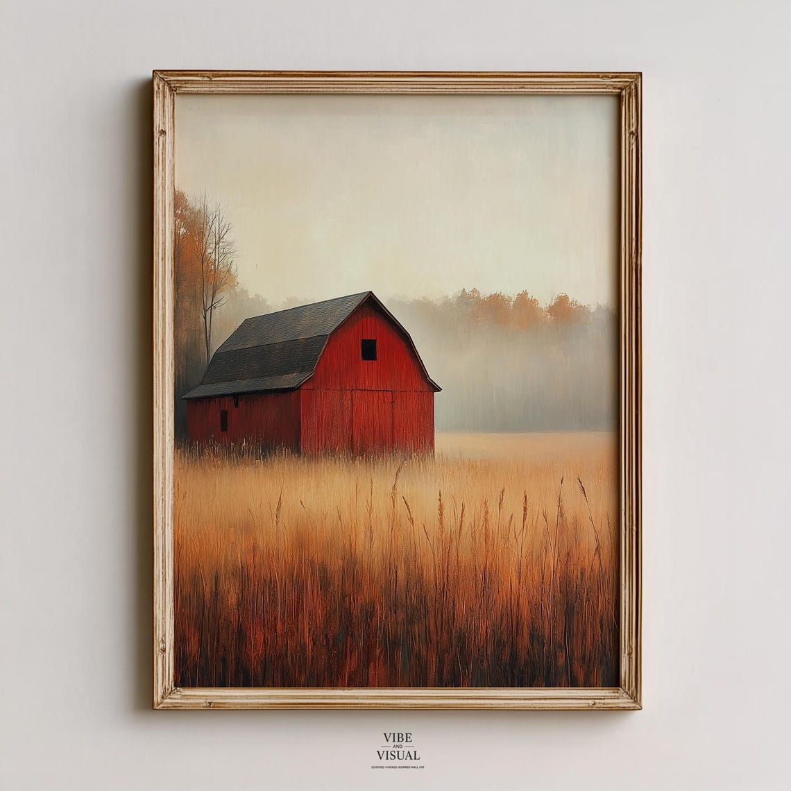 Red Barn in Foggy Golden Meadow Misty Autumn Farmhouse Vintage Painting Poster