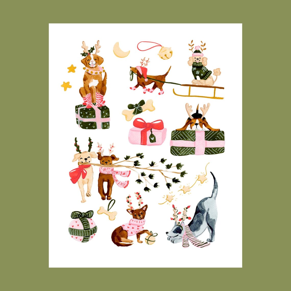 Christmas Dogs Watercolor Art Print, Holiday Decor