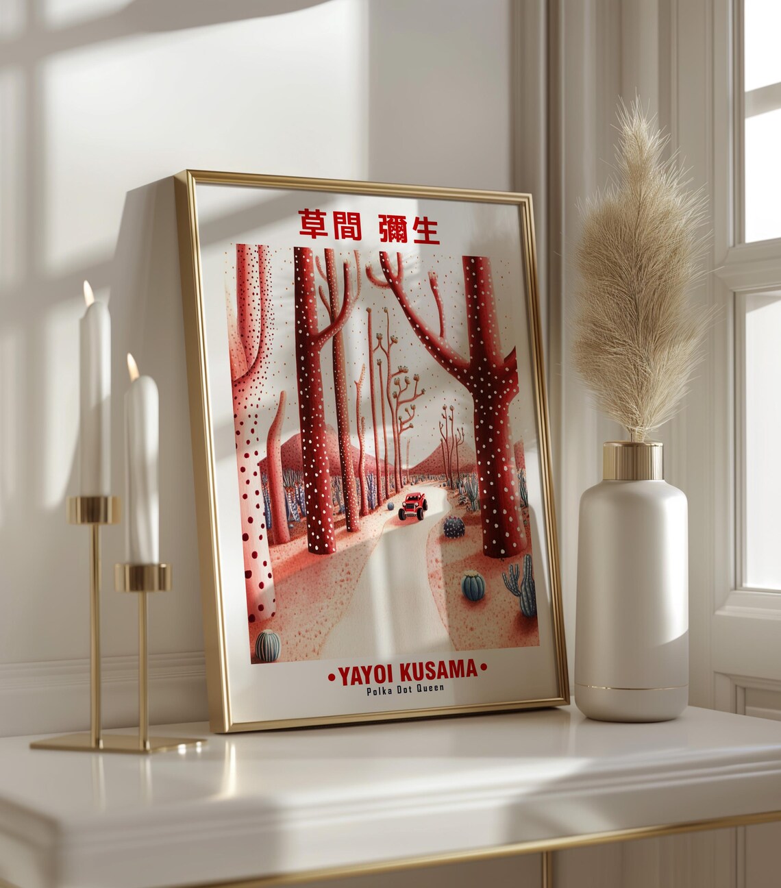 Red Tree Avenue Vintage Car Pink Desert Yayoi Kusama Inspired Poster - Image 3