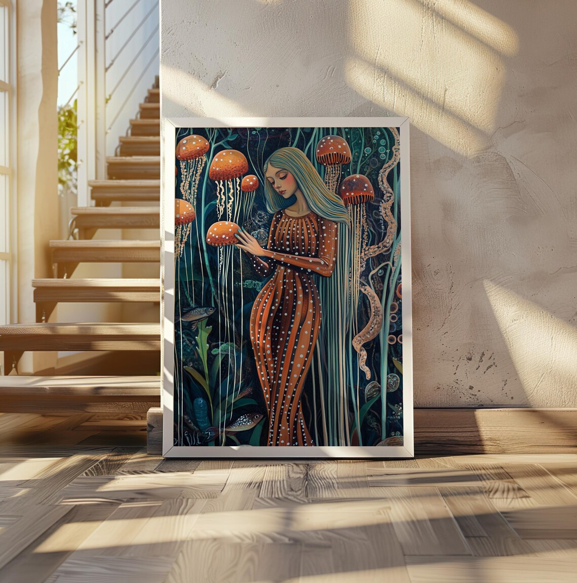 Kusama Inspired Woman Touching Orange Jellyfish Dots Art Poster