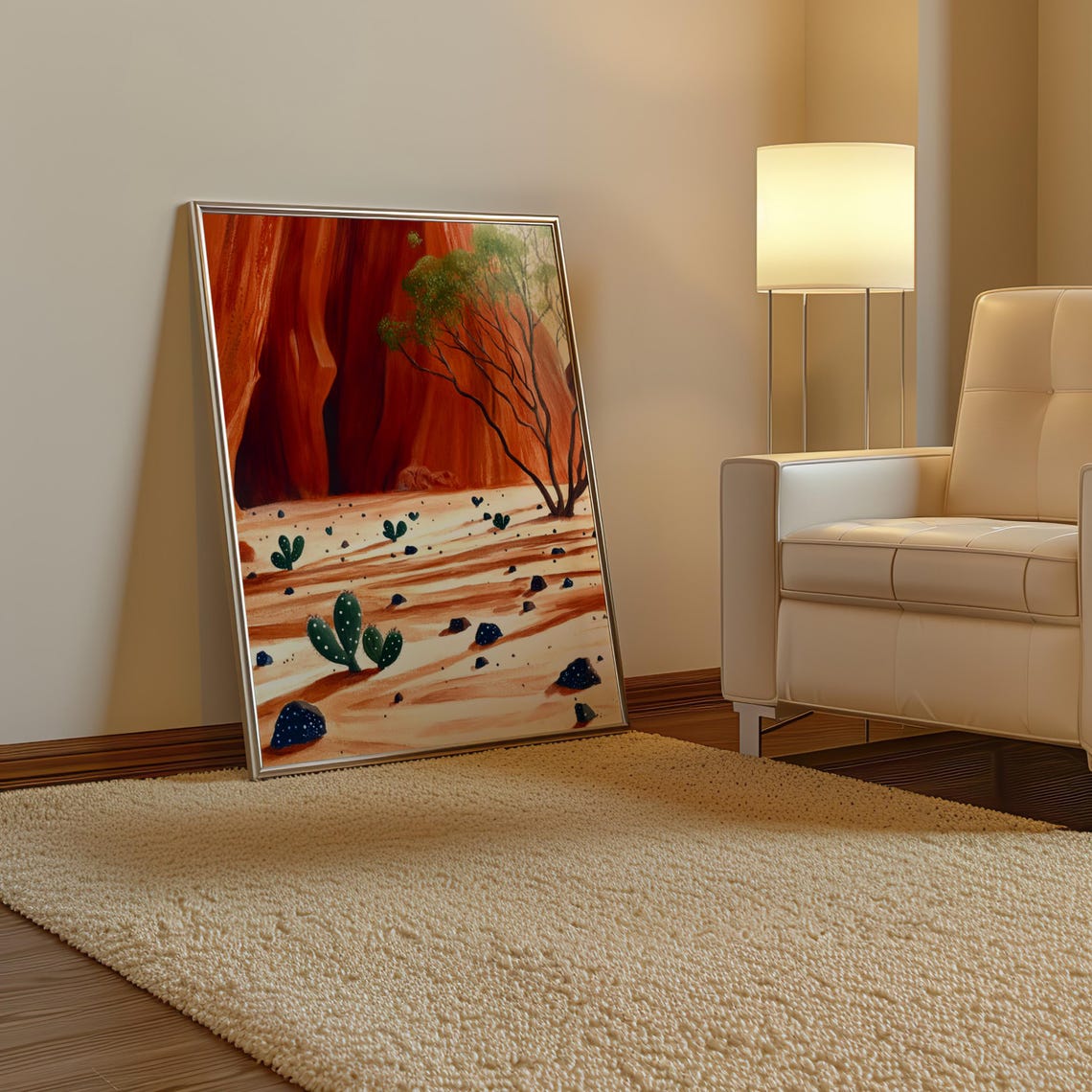 Red Rock Canyon Scene with Prickly Pear Cactus Dot Art Poster - Image 3