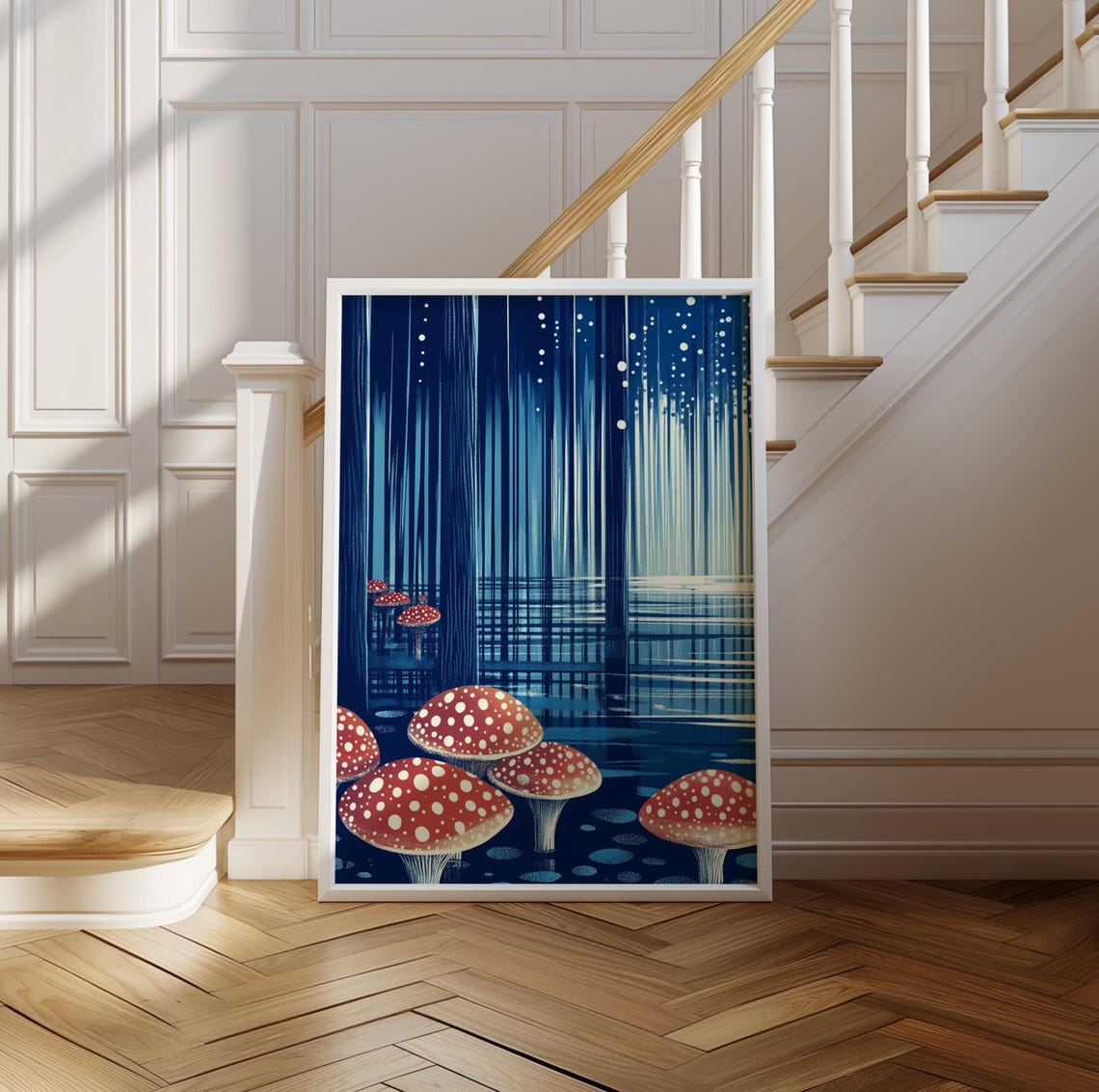 Red Spotted Mushrooms in a Night Blue Rain Forest Art Poster - Image 2