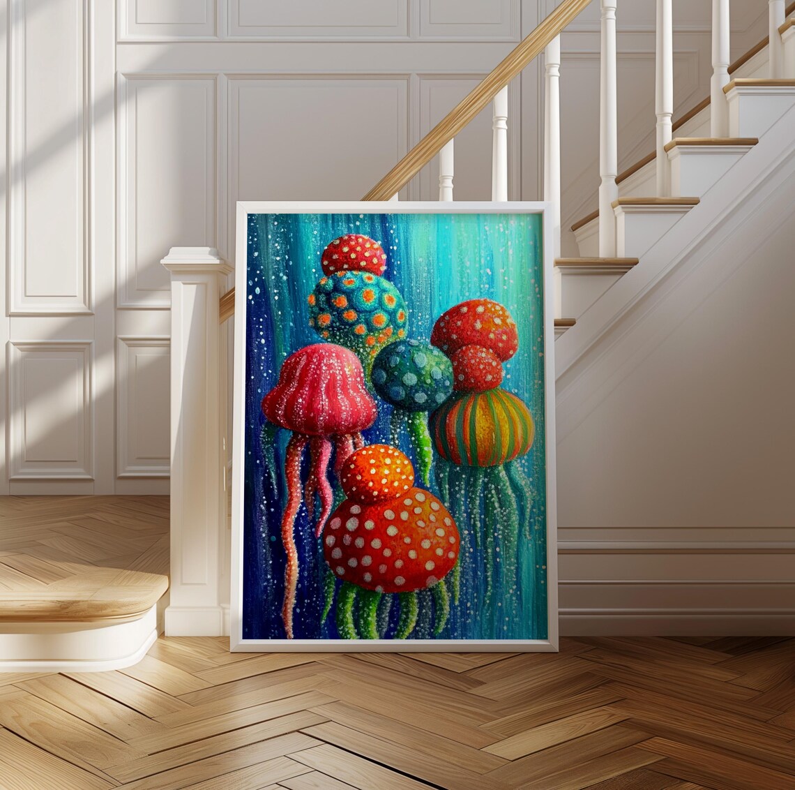 Colorful Spotted Jellyfish Drifting in Teal Ocean Dot Art Poster - Image 2