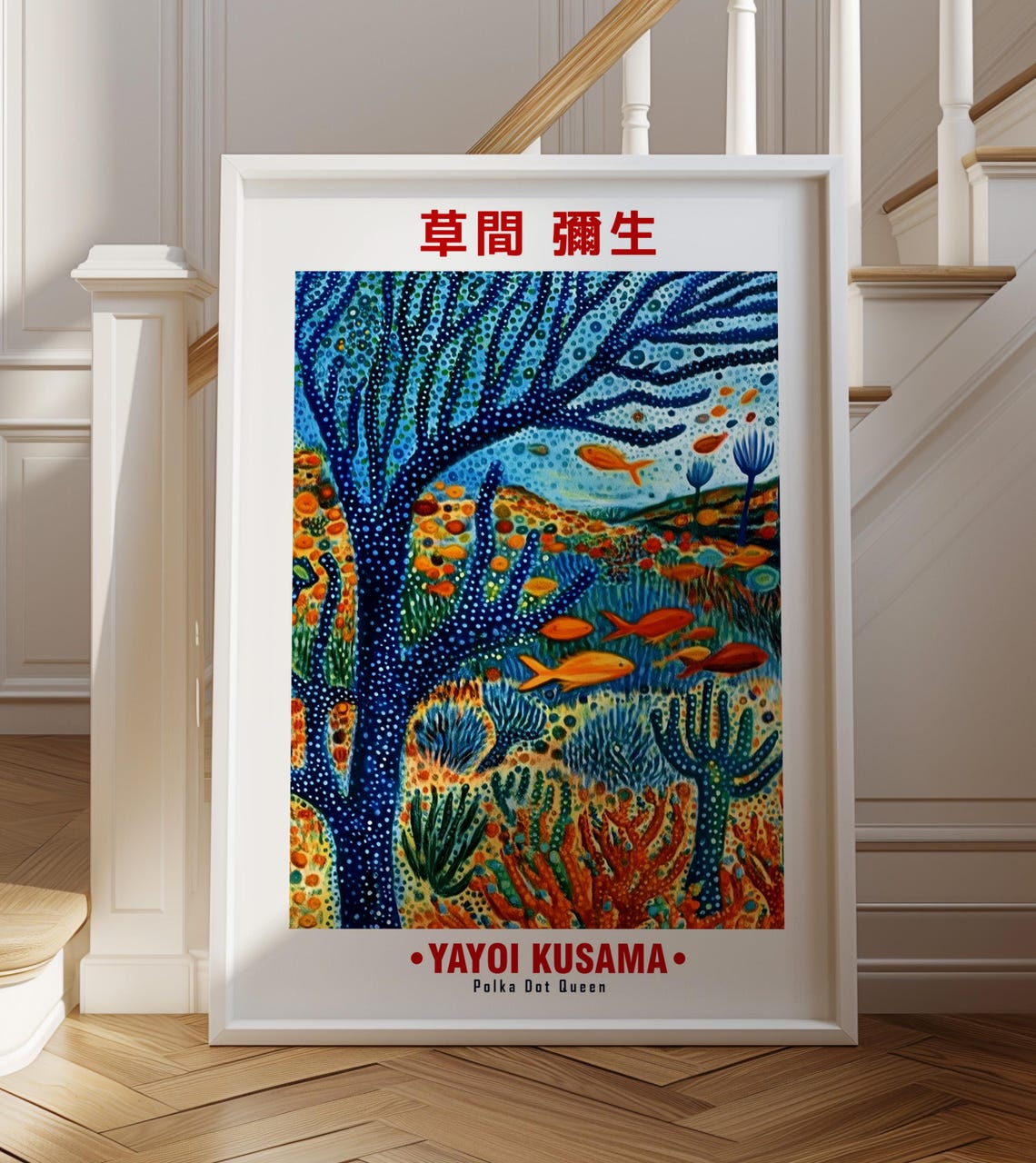 Vibrant Coral Reef Blue Tree Fish Yayoi Kusama Inspired Poster