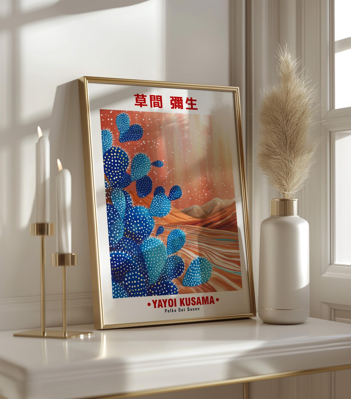 Blue Prickly Pear Cactus Red Dunes Yayoi Kusama Inspired Poster - Image 3
