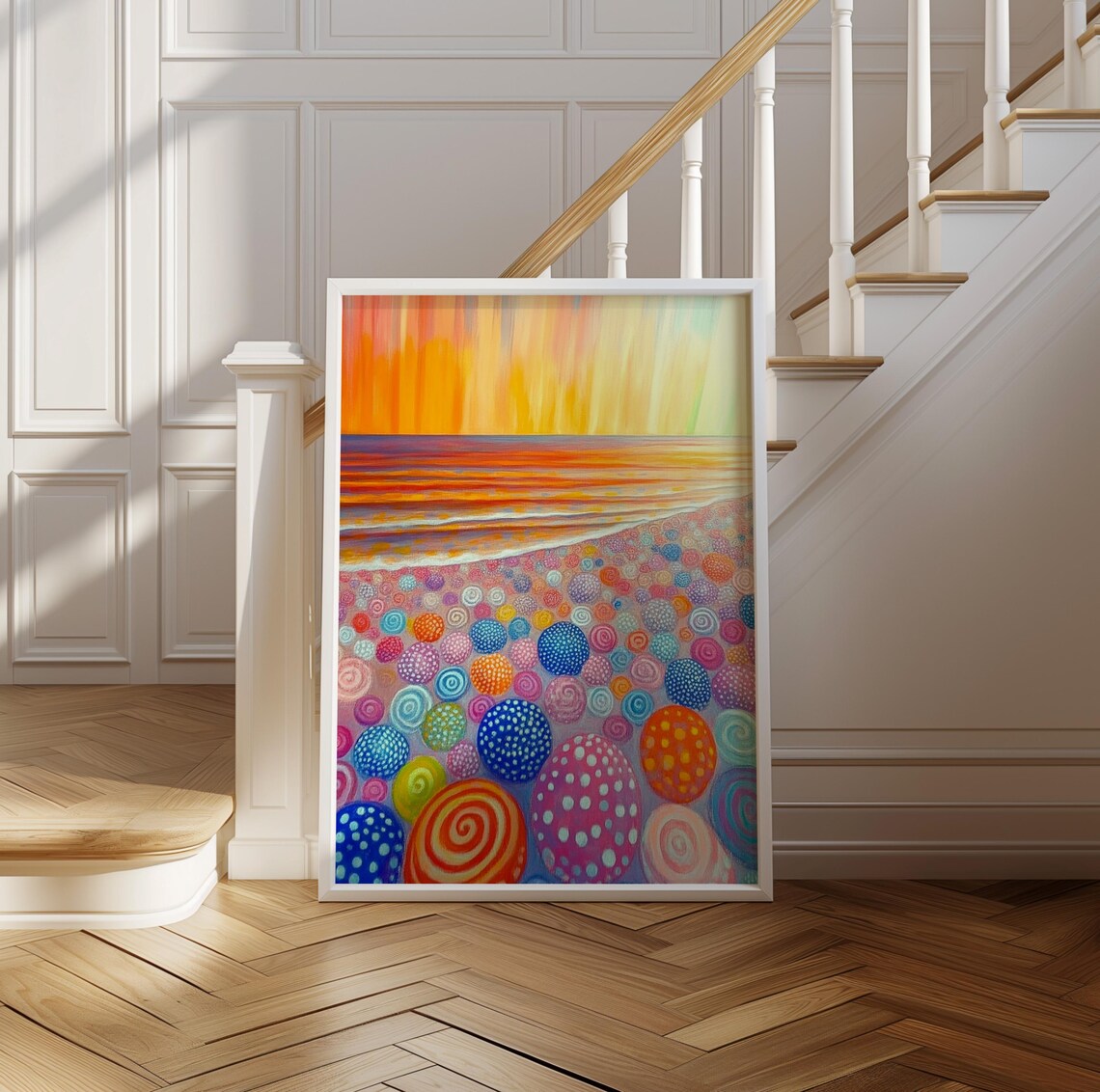 Kusama Inspired Rainbow Dotted Pebbles Beach Sunset Sky Poster - Image 2