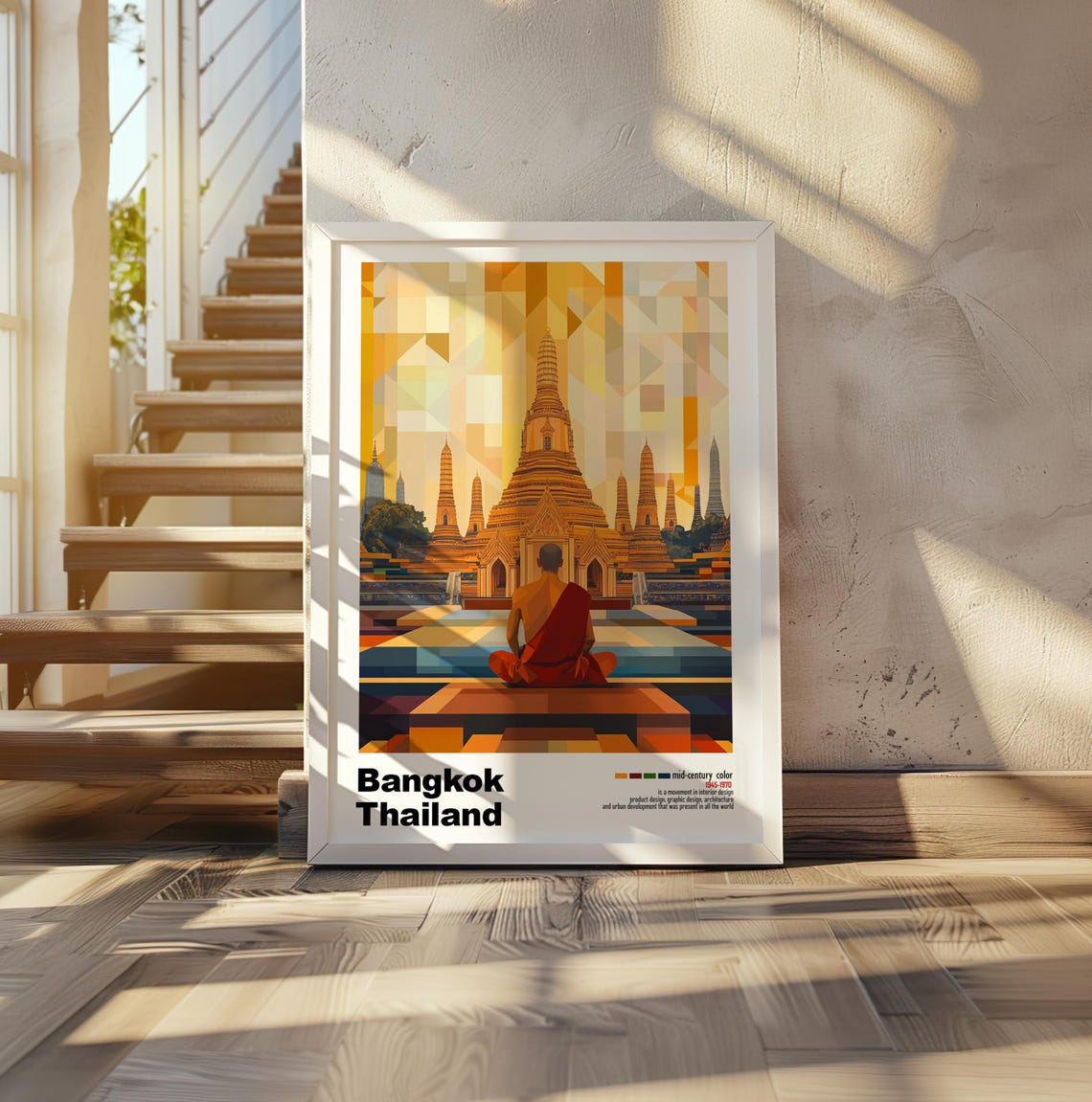 Bangkok Golden Temple Monk Mid Century Modern Travel Art Poster - Image 3