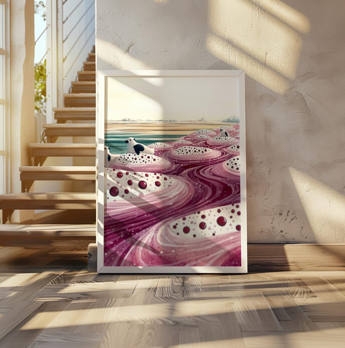 Seagulls on Swirling Purple Waves in Polka Dot Ocean Art Poster