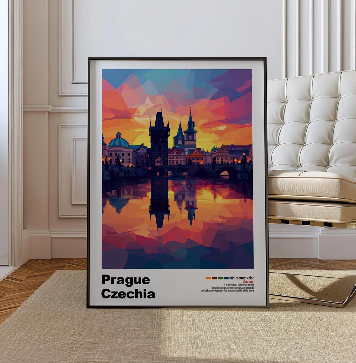 Prague Czechia Charles Bridge Sunset River Mid Century Travel Poster