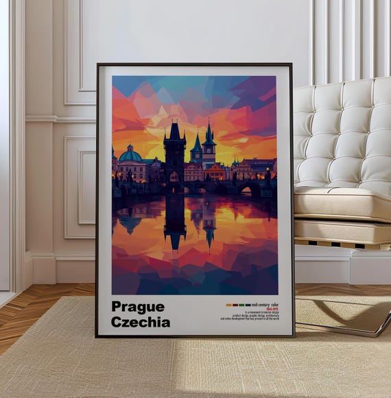Prague Czech Republic Mid Century Modern Architecture Art Print Retro Minimalist City Poster With Geometric Design Bold Mid Century