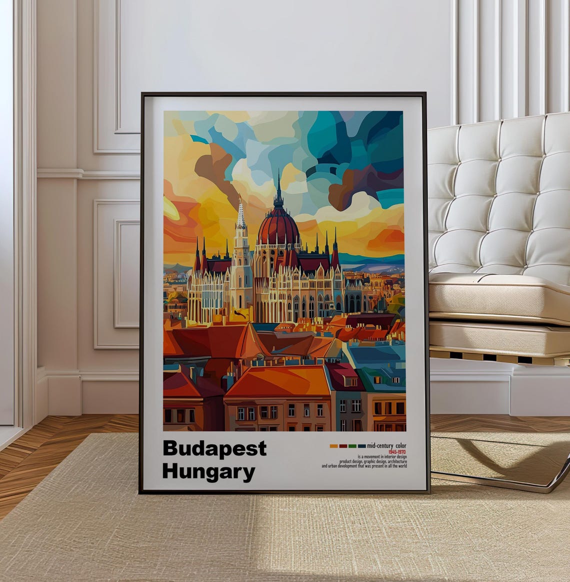 Budapest Hungary Parliament Sunset Skyline Mid Century Poster