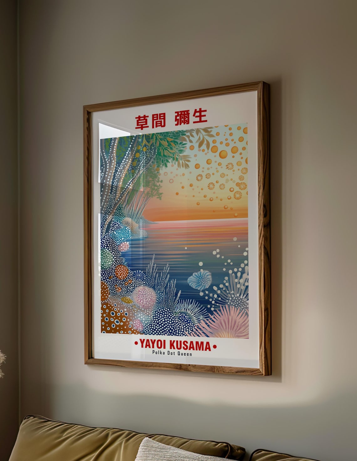 Coastal Sunset Orange Sky Dotted Shore Yayoi Kusama Inspired Poster - Image 2