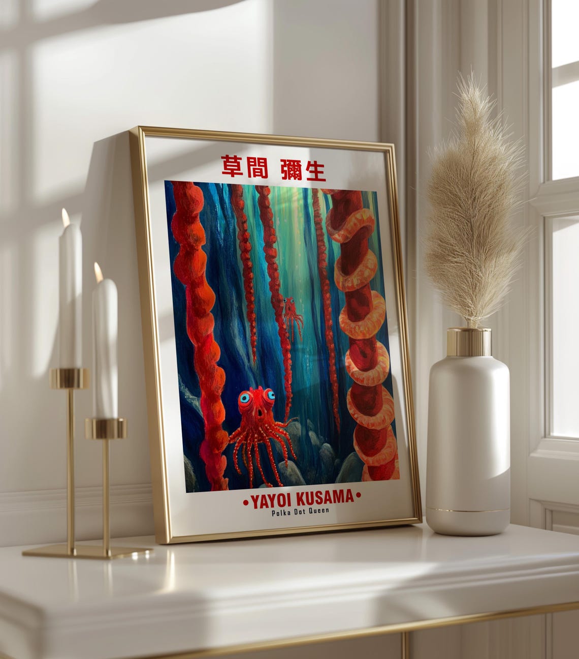 Red Octopus Dotted Columns Underwater Kusama Inspired Poster - Image 3