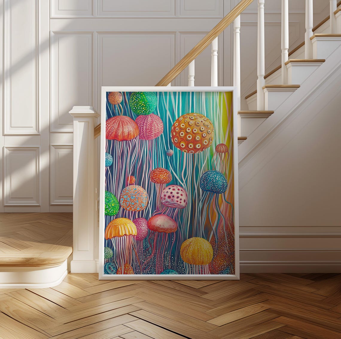 Colorful Dotted Jellyfish Bloom in a Teal Ocean Scene Art Poster - Image 2