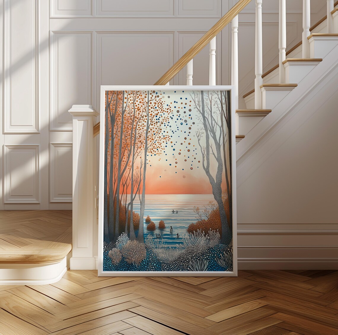 Dotted Forest Trail Leading to Sunset Lake Kusama Style Poster - Image 2