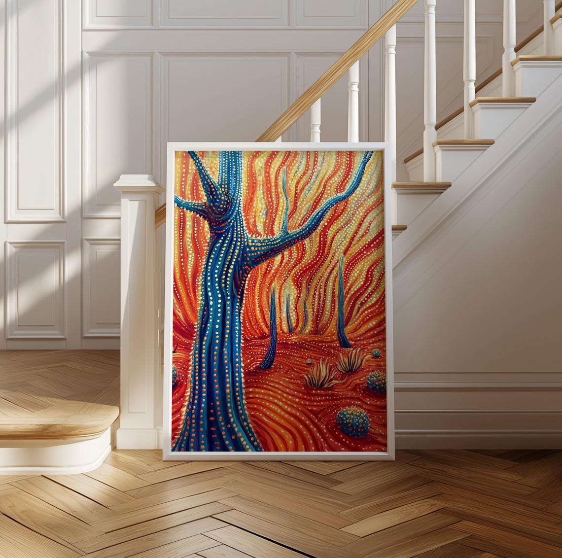Blue Dotted Tree in Surreal Red Wavy Desert Kusama Style Poster - Image 2