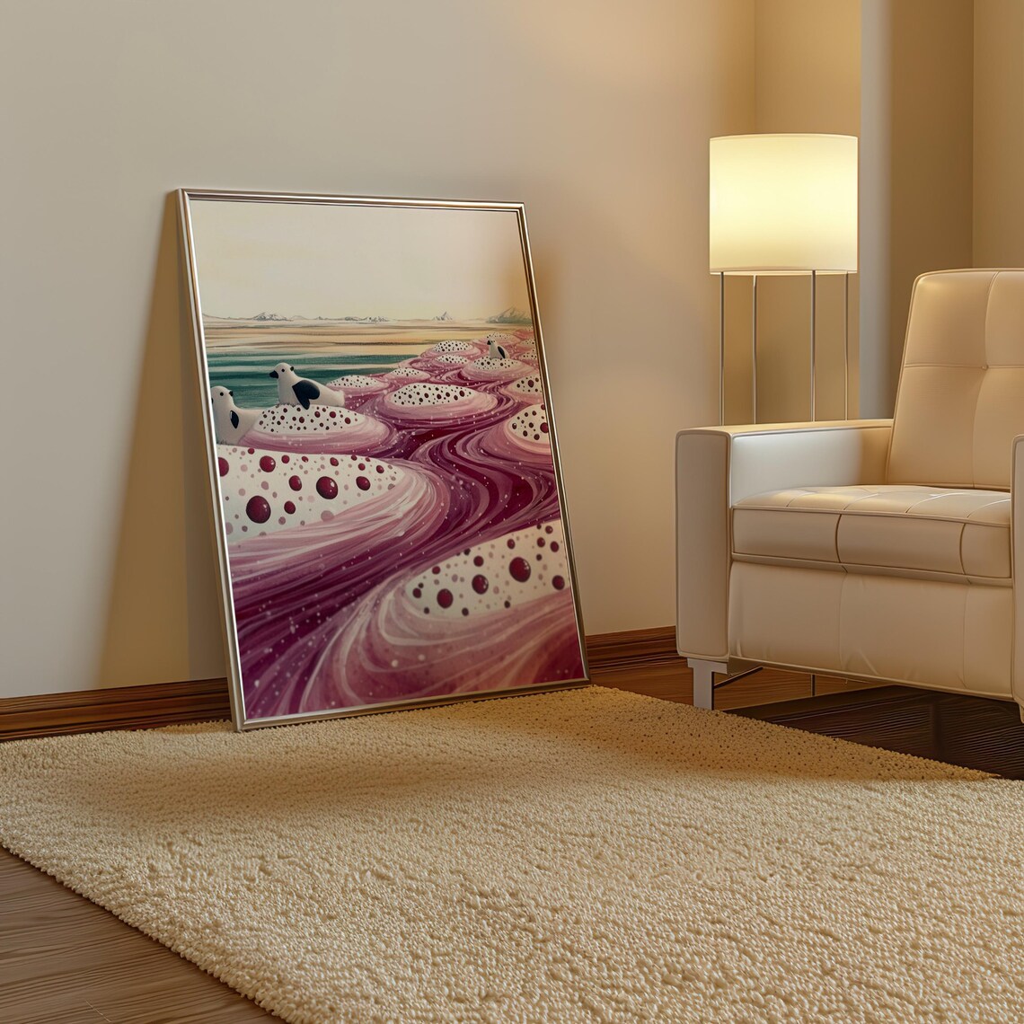 Seagulls on Swirling Purple Waves in Polka Dot Ocean Art Poster - Image 3