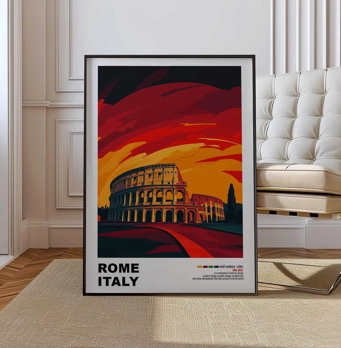 Rome Italy Colosseum Under Crimson Dusk Dramatic Red Sky Poster