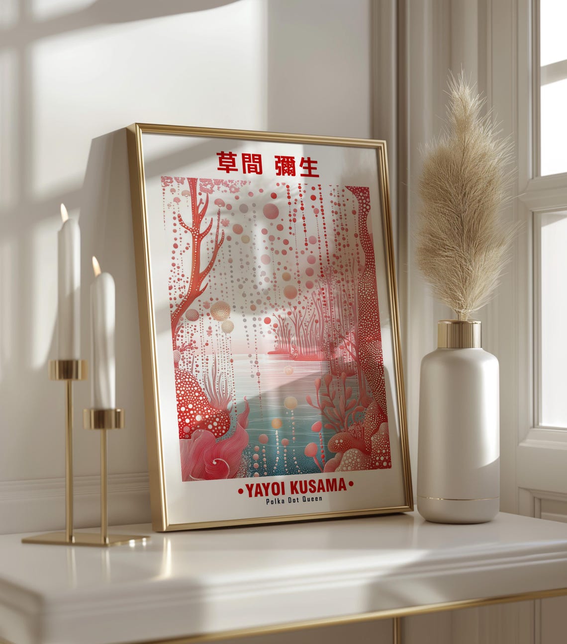 Red Coral Garden Dotted Trees Soft Ocean Yayoi Kusama Inspired Poster - Image 3