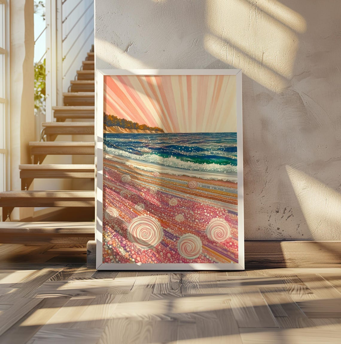 Kusama Inspired Spiral Shell Beach Pink Dots Sunrise Rays Poster