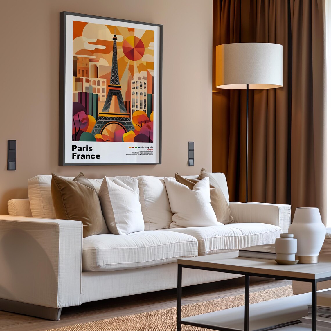 Paris France Eiffel Tower Sunburst Skyline Mid Century Travel Poster - Image 3