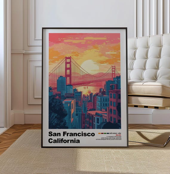 San Francisco Usa Mid Century Modern Architecture Art Print Retro Minimalist City Poster With Geometric Design Bold Mid Century Color