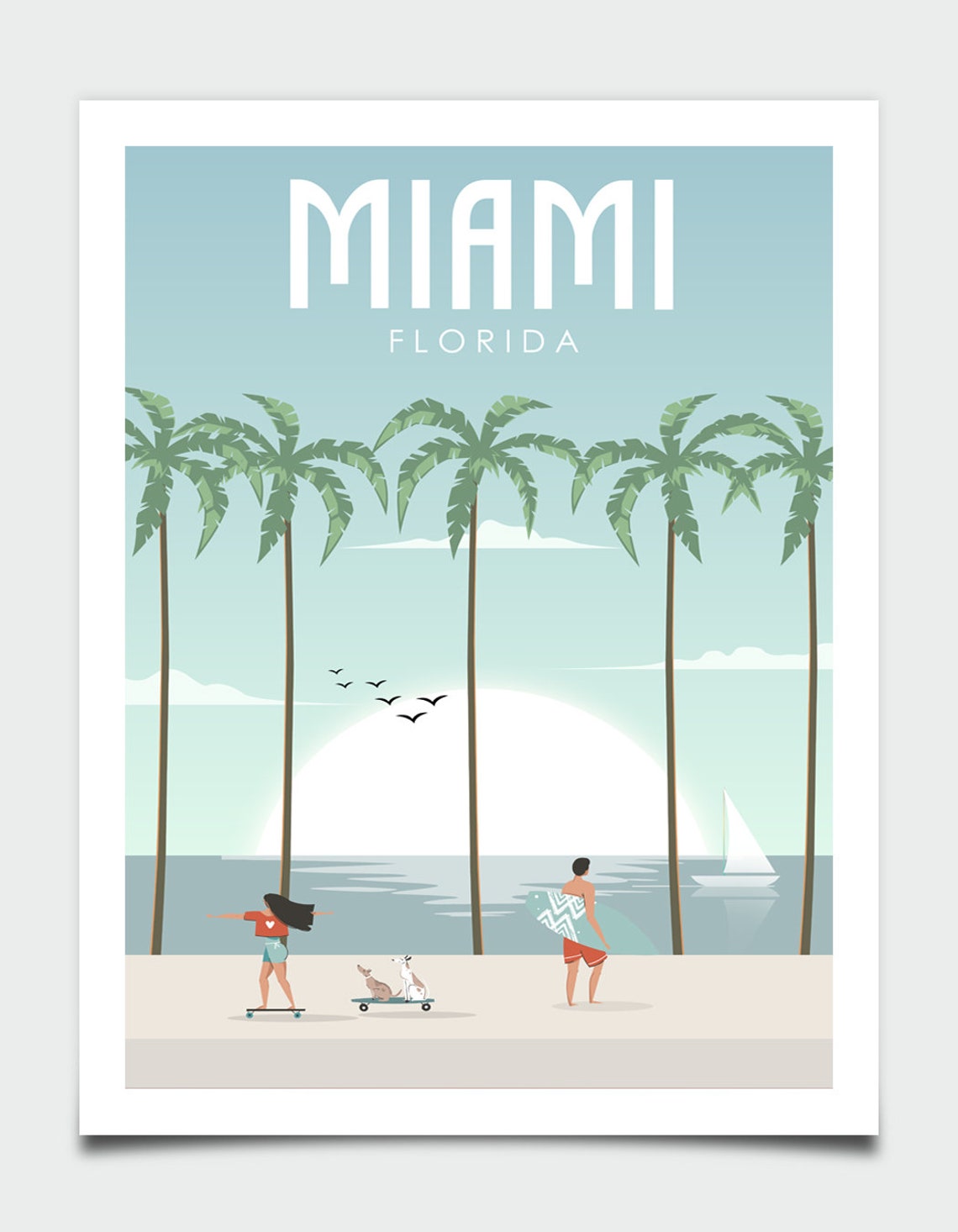 Miami Florida Beach Palms Surfer Skateboard Retro Travel Poster - Image 4