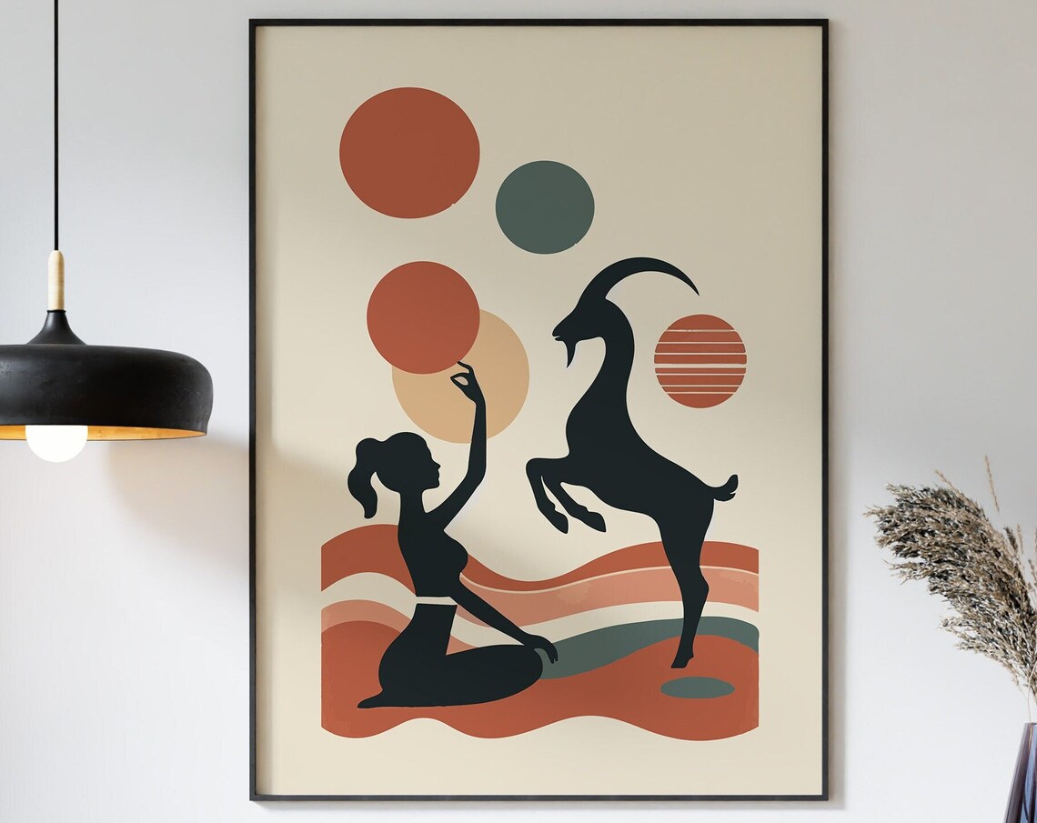 Fun Goat Yoga Woman Mid Century Boho Terracotta Quirky Wall Art