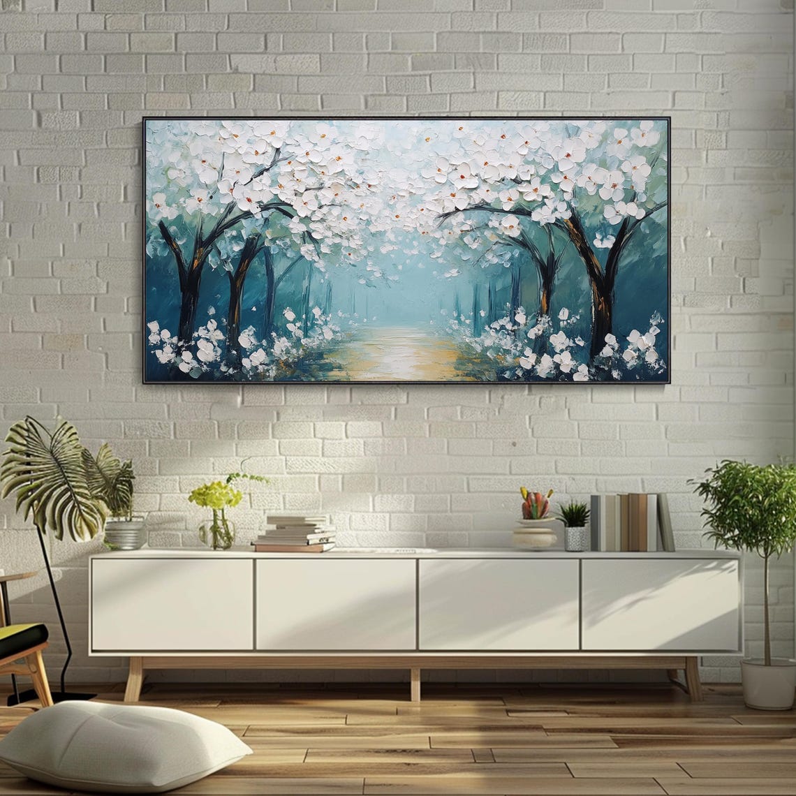 White Cherry Blossom Trees River Path 3D Textured Art Poster - Image 4