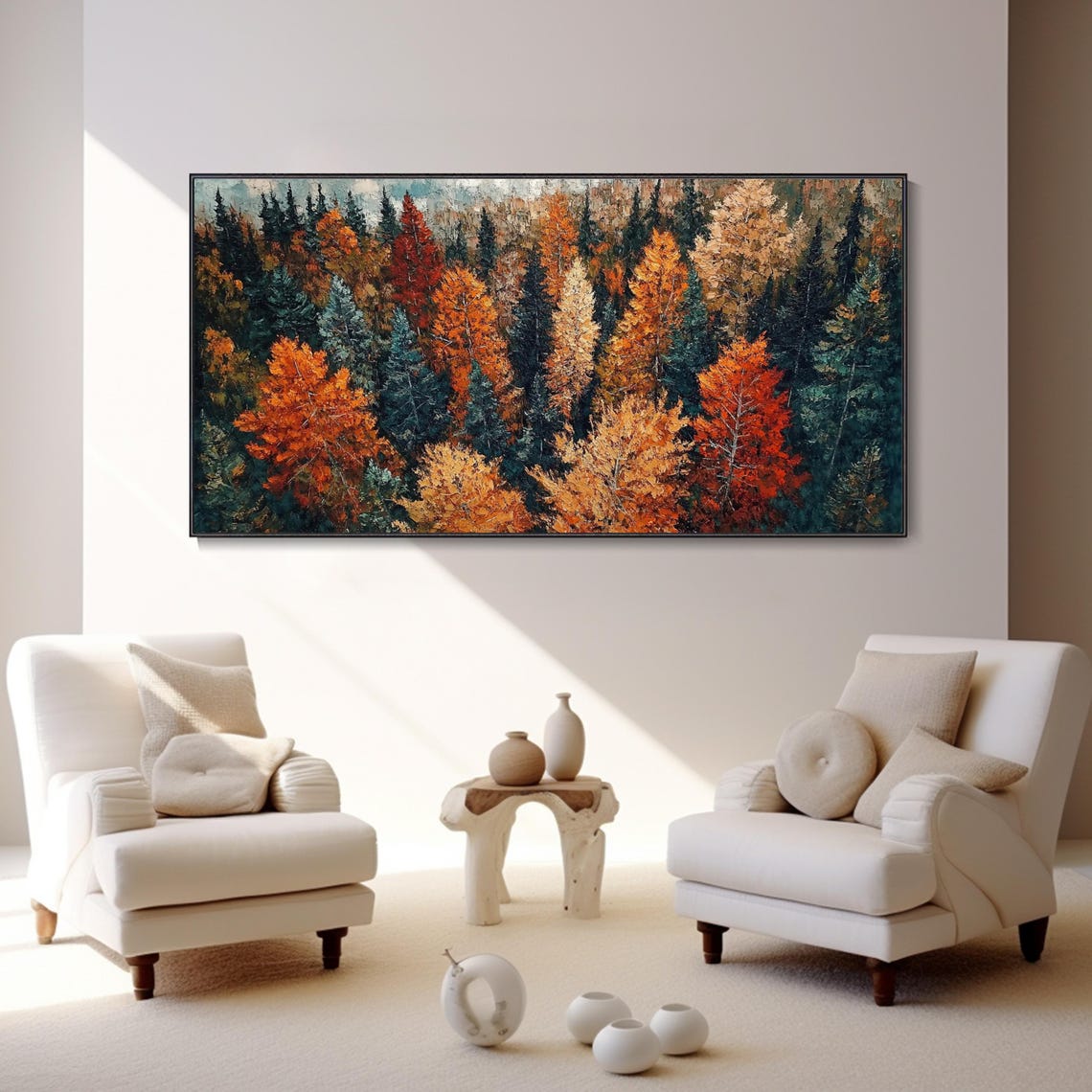 Autumn Forest Canopy Orange Pines Textured Panoramic Oil Poster - Image 3