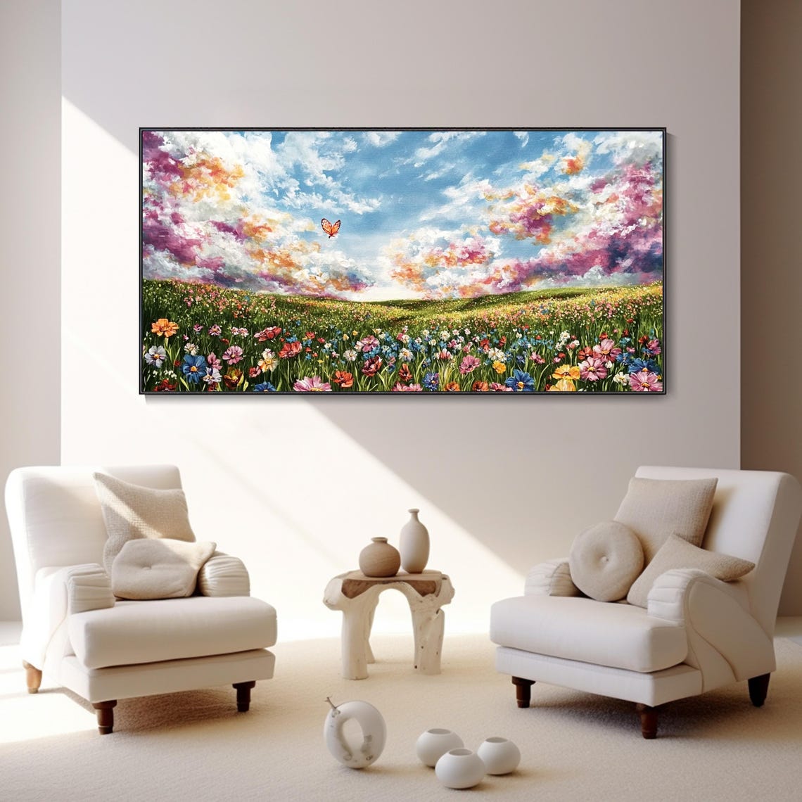 Spring Wildflower Meadow Butterfly Sunset Clouds Nature Art Poster - Image 5
