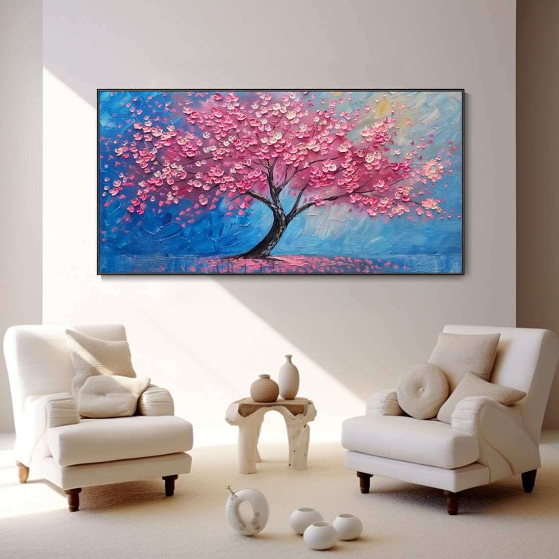 Pink Sakura Tree Oil Painting, Minimalist Landscape - Image 3