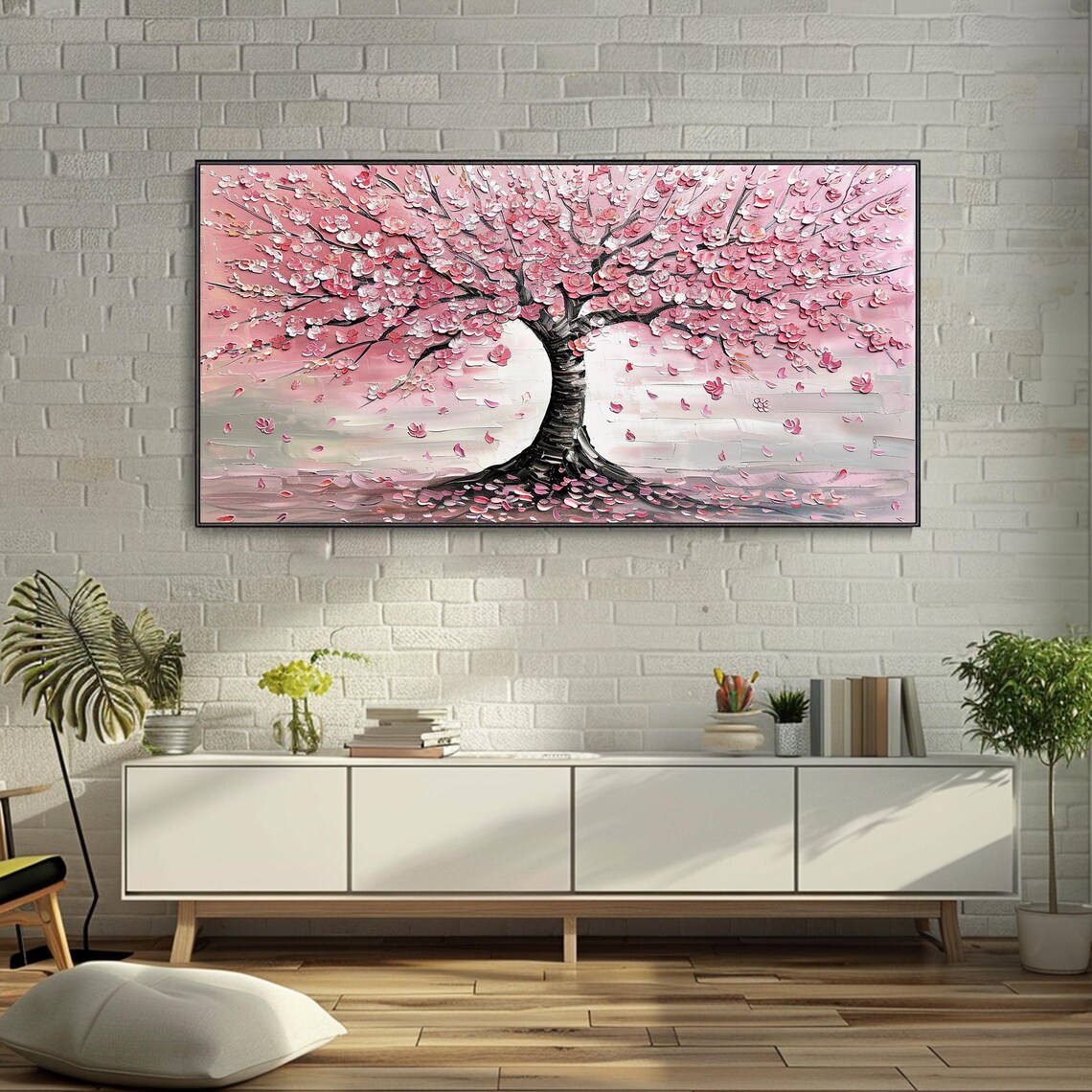 Pink Cherry Blossom Tree Falling Petals Impasto Painting Poster - Image 2