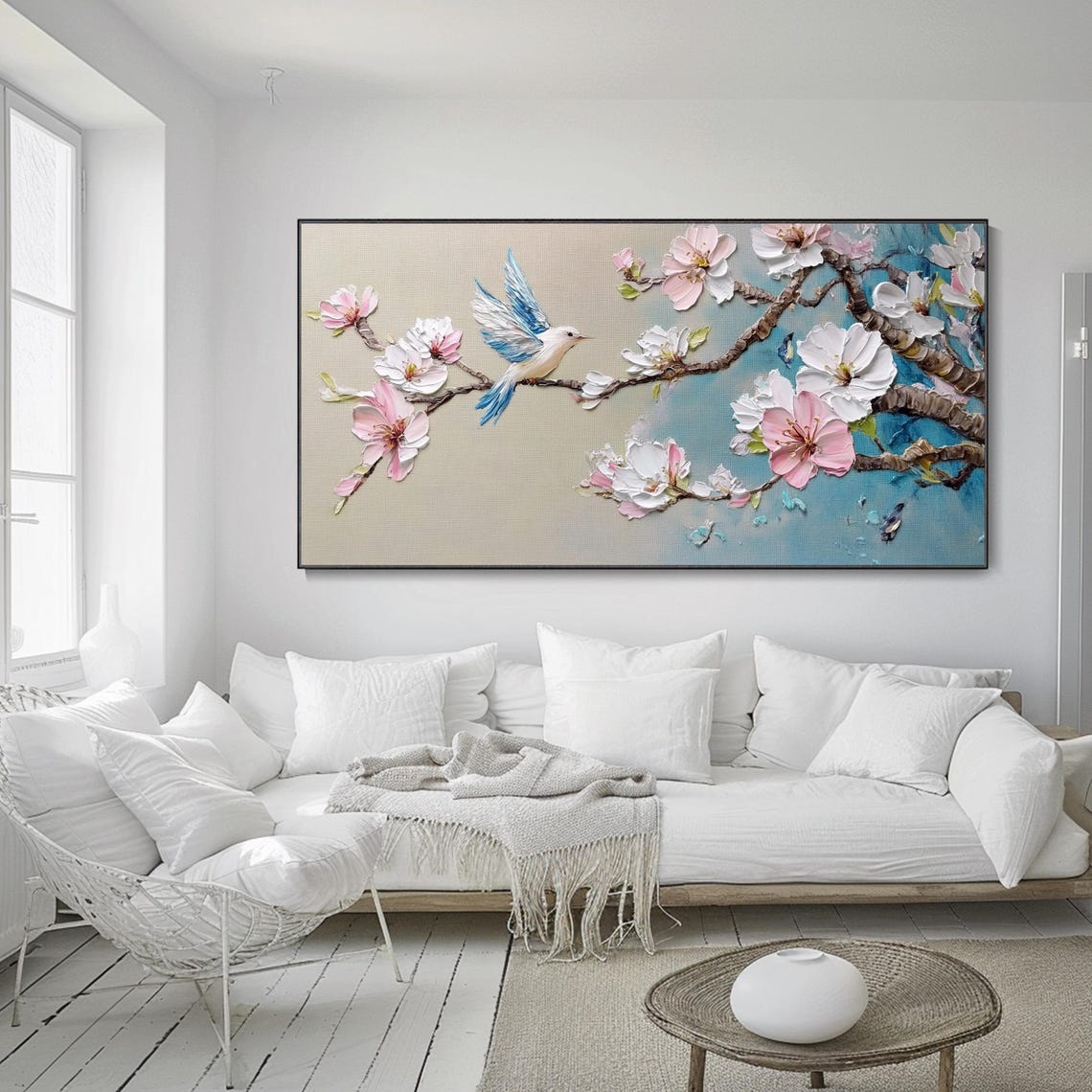 Bluebird on Cherry Blossom Branch 3D Textured Spring Art Poster - Image 2