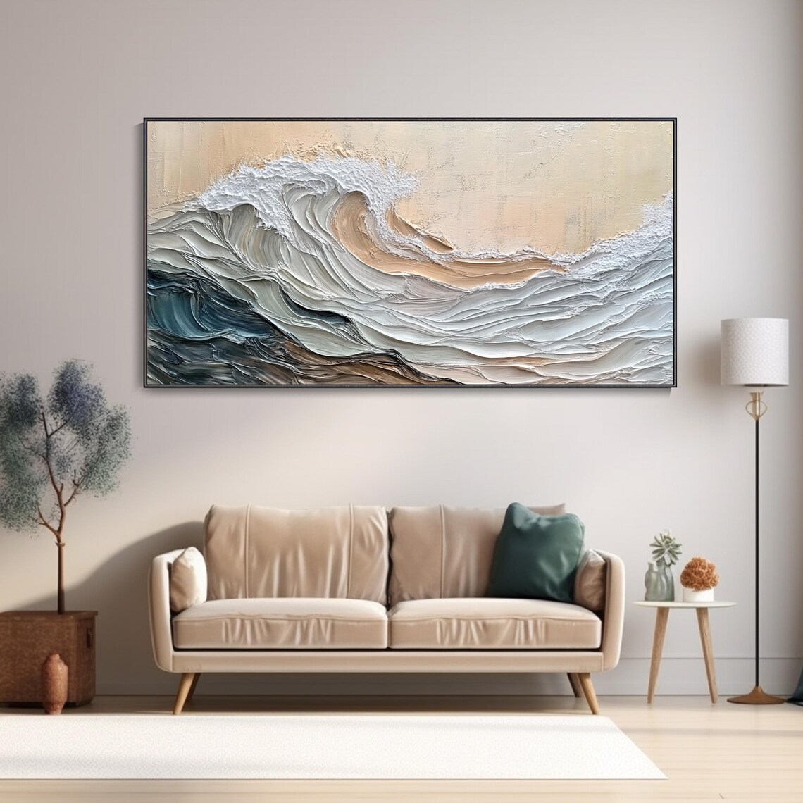 Gray White Blue Ocean Wave Minimalist Texture Oil Painting Poster - Image 3