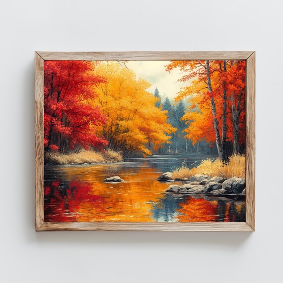 Red Orange Autumn Trees River Reflection Fall Riverbank Painting Poster