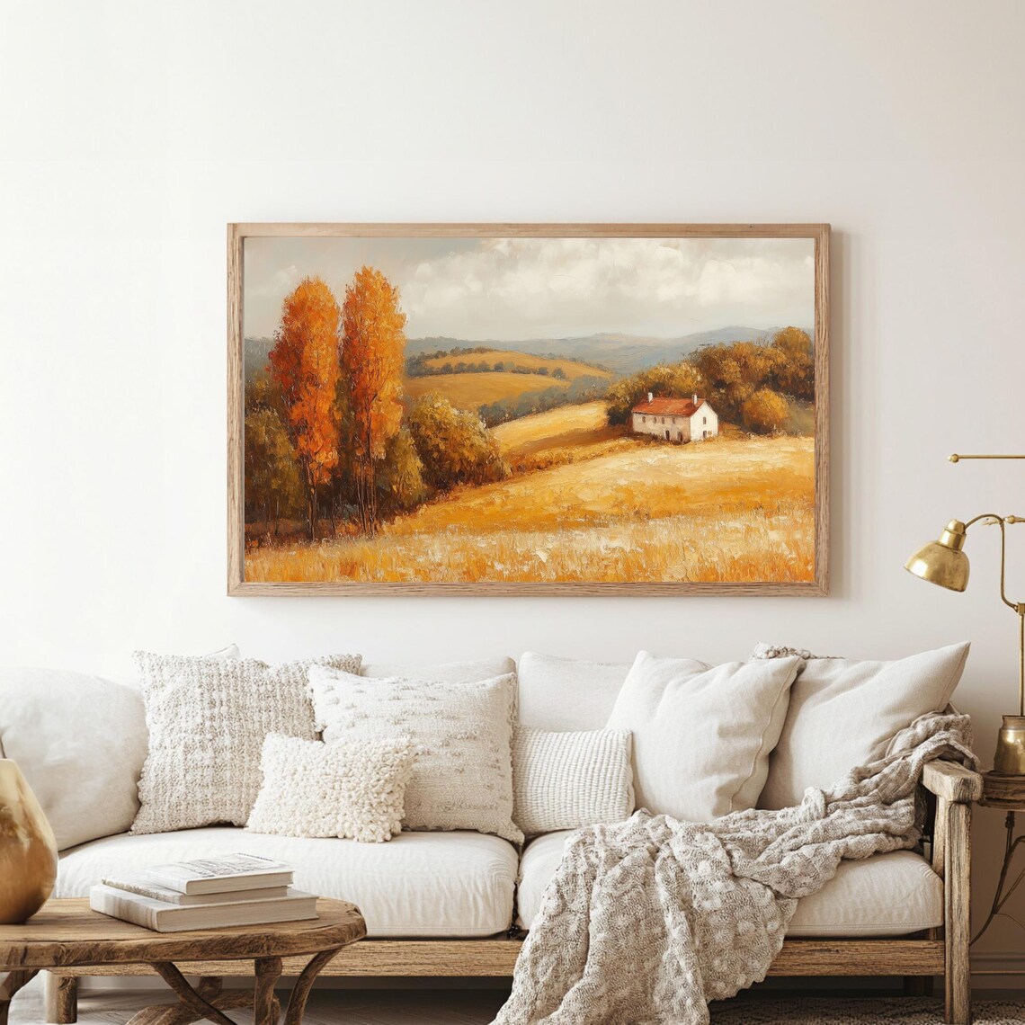 Golden Autumn Countryside Farmhouse Landscape Vintage Oil Painting Poster - Image 2