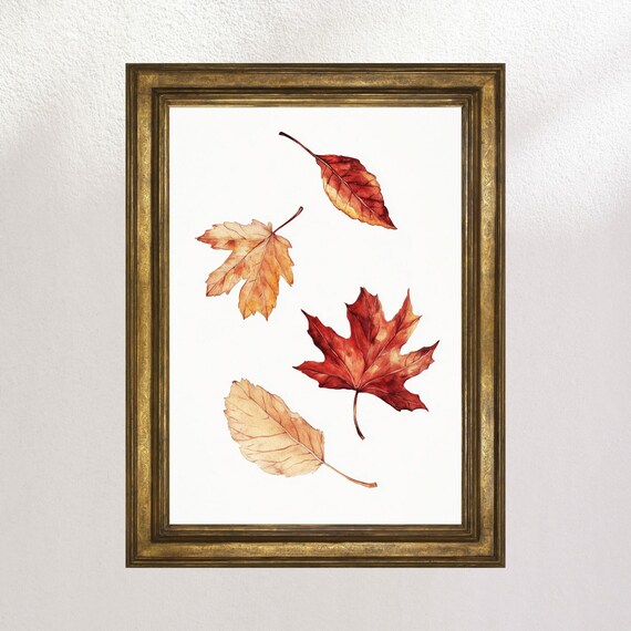 Falling Autumn Leaves Watercolor Botanical Vintage White Poster