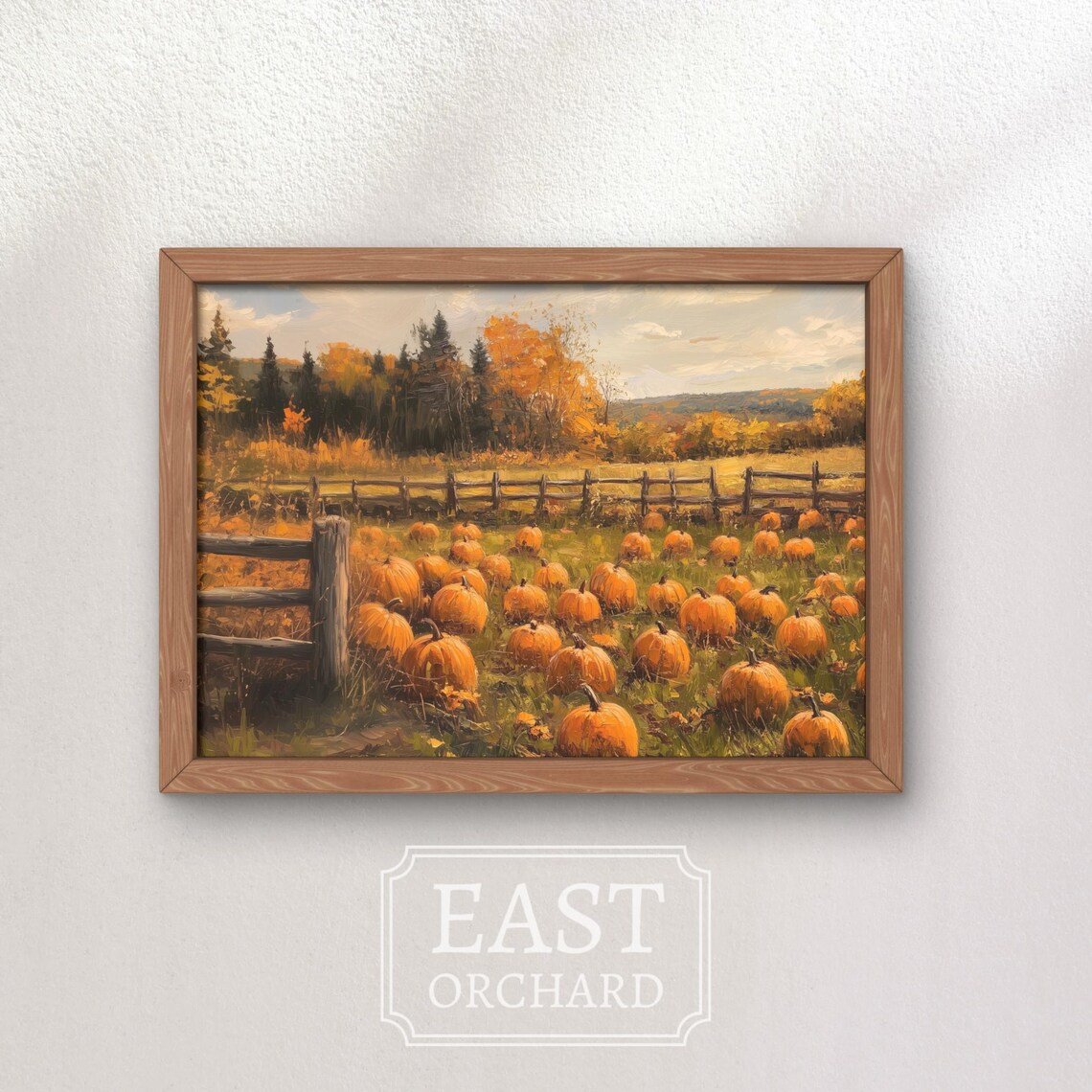 Pumpkin Patch Field Fence Autumn Trees Vintage Fall Oil Painting Poster