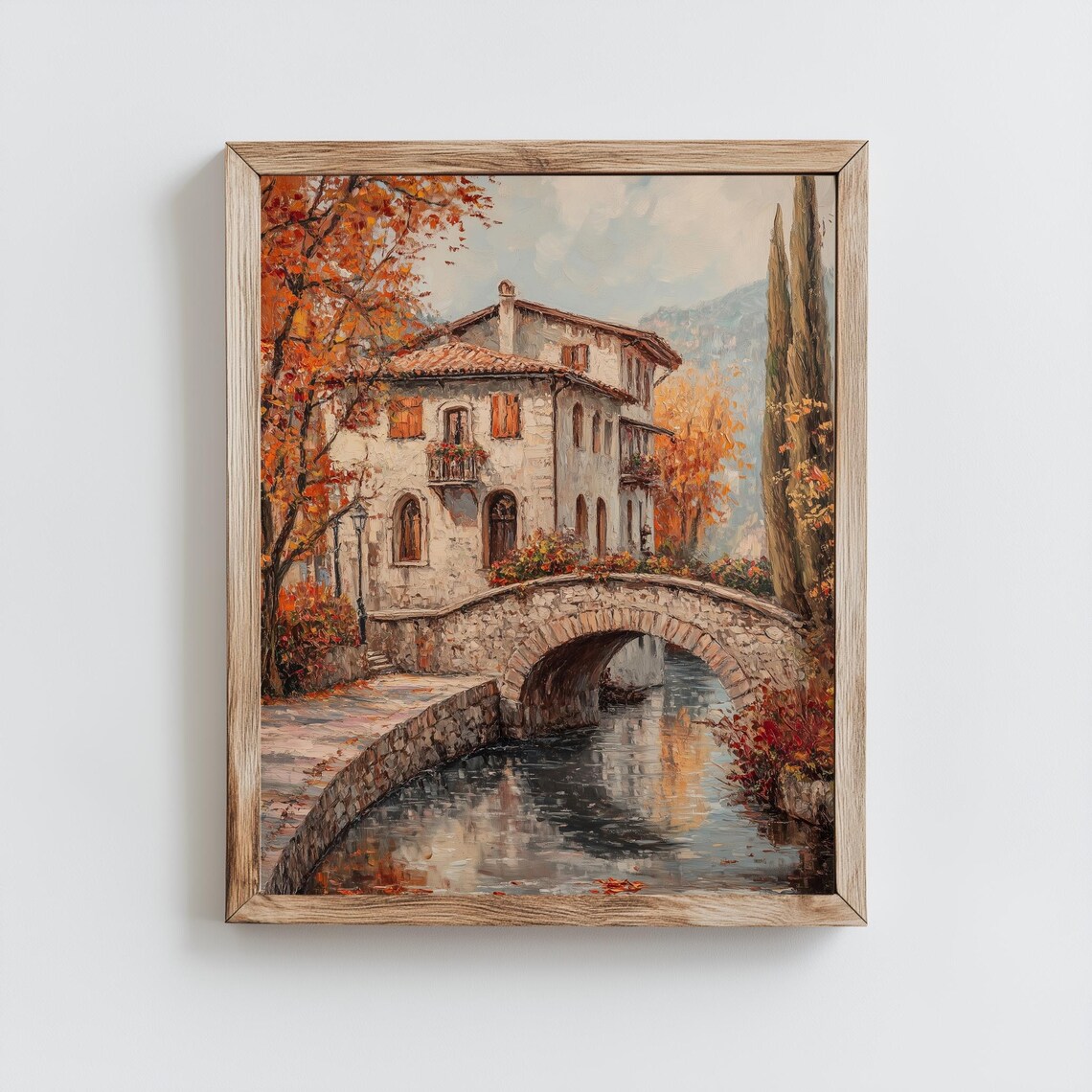 Italian Villa Stone Bridge Canal Autumn Foliage Vintage Travel Poster