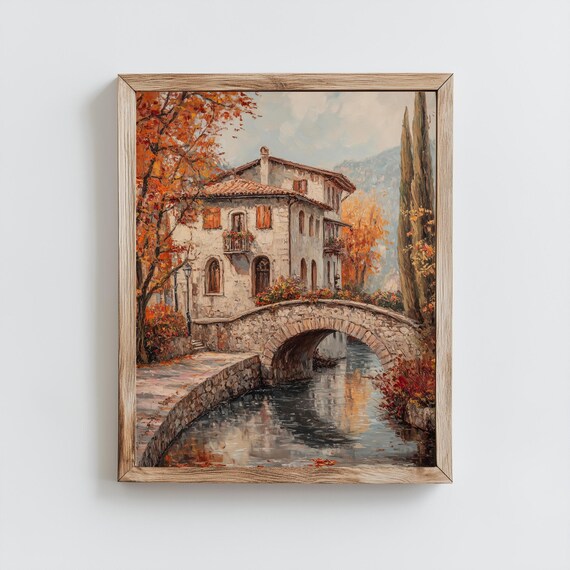 Italian Villa Stone Bridge Canal Autumn Foliage Vintage Travel Poster