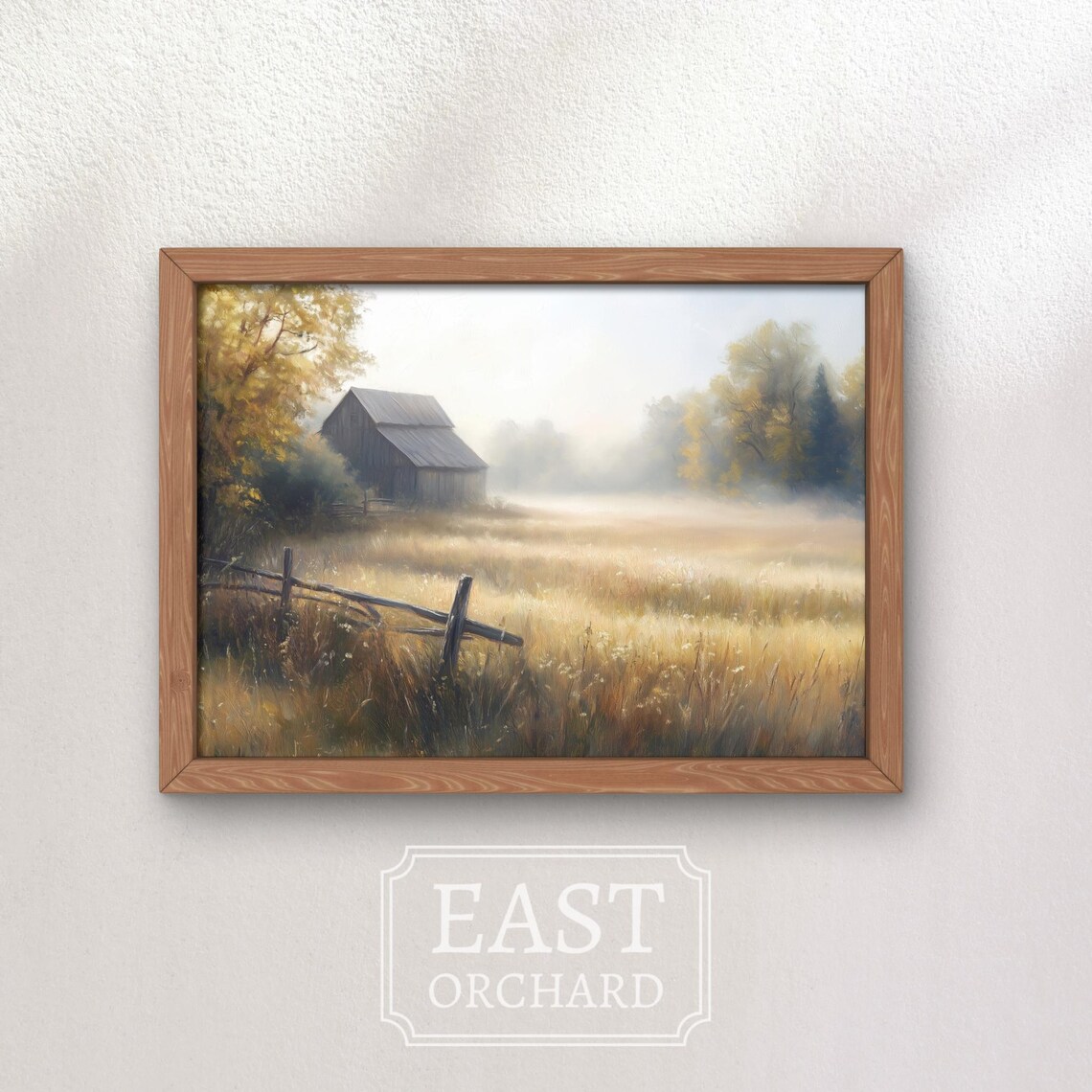 Foggy Autumn Field Weathered Barn Split Rail Fence Vintage Poster - Image 2